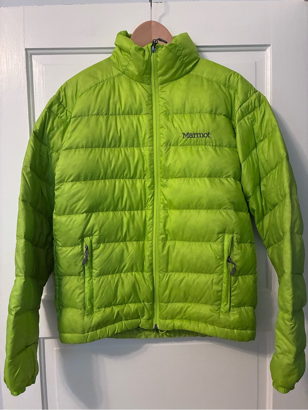 Marmot Lime Green Full Zip Down Puffer Jacket 800 Fill Men’s Small